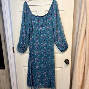 Mi Ami Francesca's Floral Dress Women Large Teal Puff Sleeve Square Neck Boho
